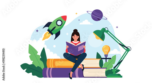Young female student sits on giant books while reading and imagining a space adventure featuring a green rocket and distant planets.