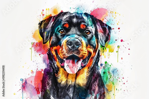Watercolor painting of a Rottweiler dog with colorful splashes