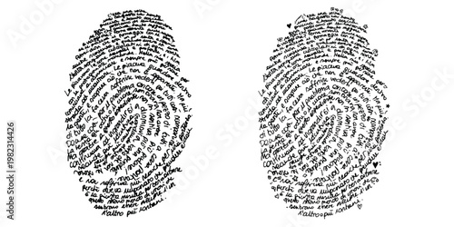 A creative artistic illustration showing two distinct human fingerprints made of hand written text