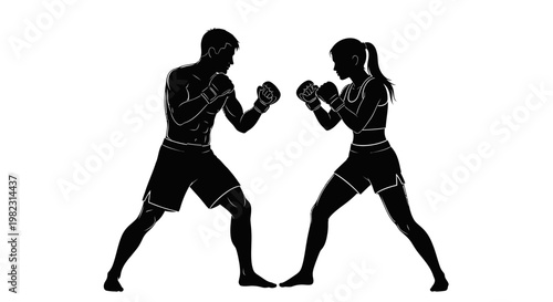 Black silhouette of man and woman boxing.