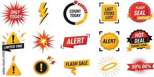 Flash sale and alert badge collection with discount labels starburst shapes and warning icons, promotional marketing elements set isolated on white background