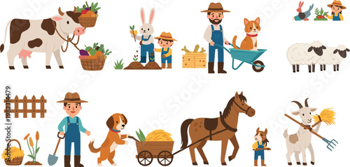 Farm life collection with farmers animals harvest and gardening activities, rural agriculture cartoon illustration set isolated on white background