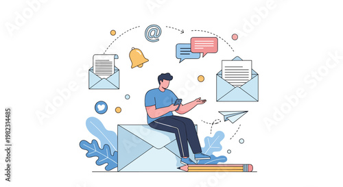 Man sits comfortably on a giant blue envelope while using his mobile phone to manage incoming emails and digital messages.