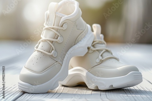 Close-up of a pair of white childrens sneakers on a wooden surface