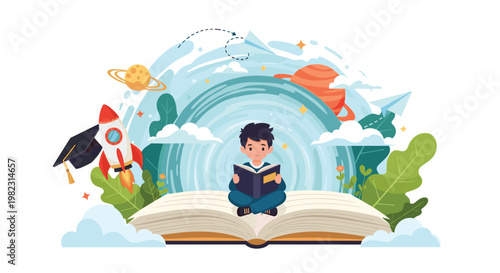 Imaginative young boy sits on a giant open book and reads about space travel, rockets, and planets in a magical galaxy setting.