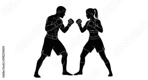 Black silhouette of man and woman boxing.