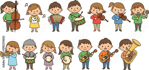 Kids playing musical instruments set, children band orchestra characters, music education concept, cute cartoon vector illustration collection