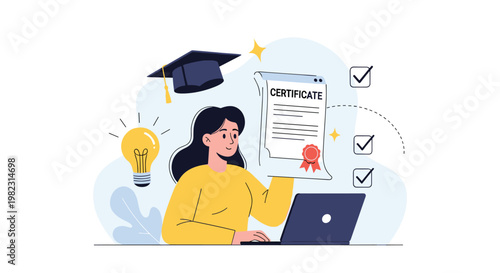 Proud graduate celebrates her success while holding a digital certificate in front of a laptop and several educational checkboxes.