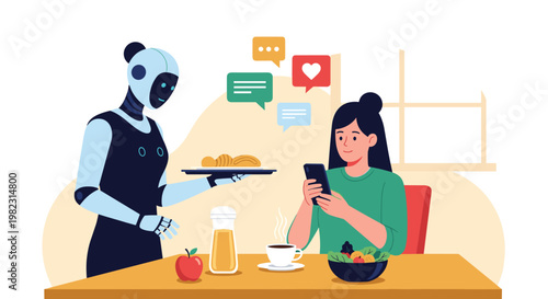 Futuristic robot waiter serves a meal to a woman at a restaurant table while she browses social media notifications on her phone.