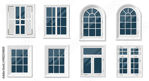 Diverse set of architectural window designs features various styles including arched frames, shutters, and different pane patterns.