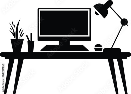 Home office workspace vector silhouette with desk and laptop