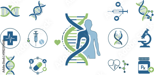 Human genetics and healthcare vector icon set featuring DNA helix medical research biotechnology and personalized medicine concept in modern flat style