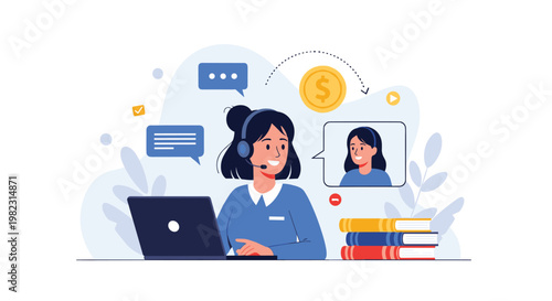 Professional female consultant wearing a headset provides virtual assistance to a client during a remote video support session.