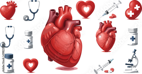 Human heart anatomy and cardiology medical vector illustration featuring realistic organ structure stethoscope syringe pills and healthcare equipment set