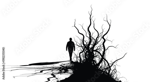Silhouette of a lone man walking forward past an intricate twisted tree in this vector illustration