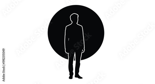 Minimalist vector illustration of a professional businessman silhouette standing against a solid black circular background shape