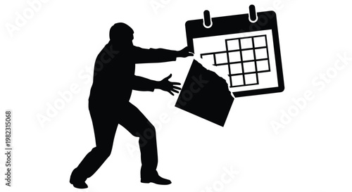 Silhouette of a man tearing off a page from a calendar in this flat vector illustration