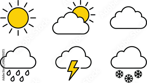Weather Icons Set, Minimalist Flat Line Art Style with Yellow Sun Highlights Vector Illustration