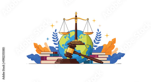 Justice and legal system concept featuring law scales on a globe with a judge wooden gavel and stacks of law books.