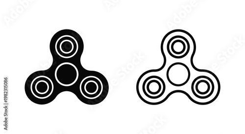 Two black and white illustrations of a popular fidget spinner toy design