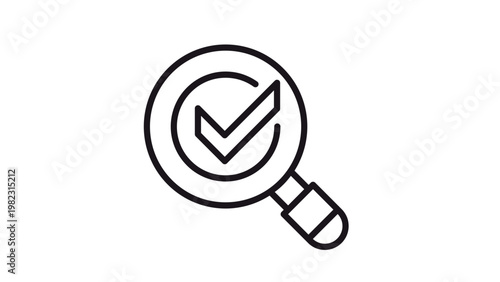 Black line vector icon of a magnifying glass with a checkmark inside, symbolizing search verification, quality control, successful audit, finding results, and inspection on a white background.