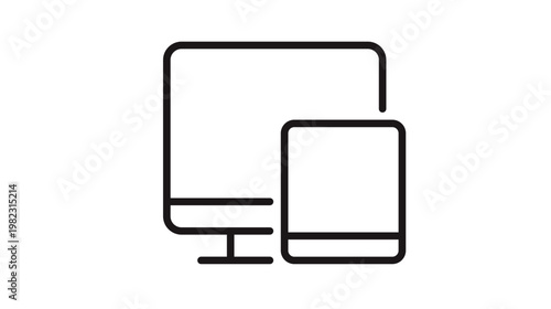 Photos Minimalist black line vector icon illustration of a desktop computer monitor and a tablet mobile device, representing multi-platform technology, responsive web design, and digital connectivity