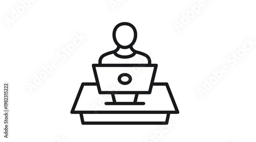 Minimalist black line vector icon illustration of a person sitting at a desk using a laptop computer, representing office work, remote employment, digital nomad, freelancer, or student studying.