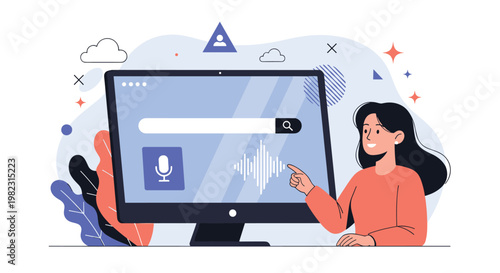 Young woman using a large computer screen with a search engine bar and a voice recognition wave icon for audio search.