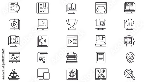 25 Minimalist Black Line Vector Icon Set Bundle for E-learning, Online Education, Business Management, Technology, Customer Support, Digital Library, Success, and Remote Work Concepts.