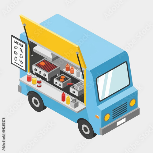 Blue food truck with open serving window and menu.