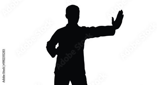 Minimalist black vector graphic illustration of a martial artist practicing a self defense blocking strike move