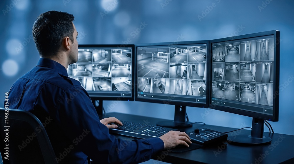 Fototapeta premium Male security operator monitoring multiple CCTV camera feeds on three computer screens in a dimly lit control room with a blue background