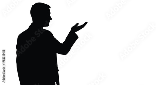 Black silhouette of a professional man presenting something with an open hand in vector graphic design