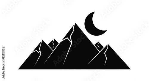 Mountains and crescent moon create a striking black silhouette