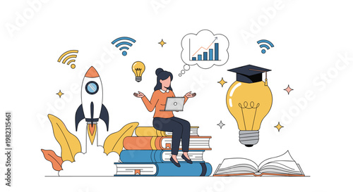 Young woman using laptop while sitting on a pile of books next to a launching rocket and a lightbulb wearing a mortarboard.