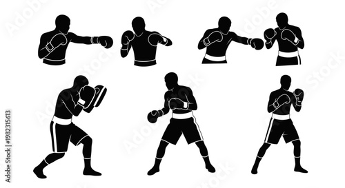 Black silhouettes of boxers in various fighting poses.