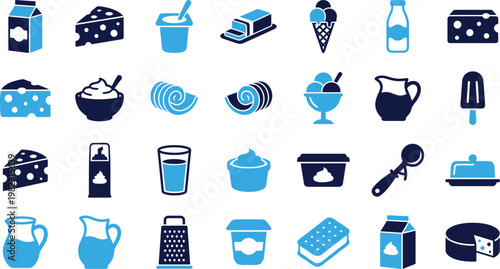 Dairy products icons set, milk and cheese food symbols, isolated illustration.