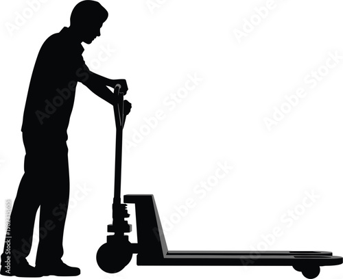 Worker using pallet jack silhouette, warehouse transport equipment, logistics vector illustration design concept