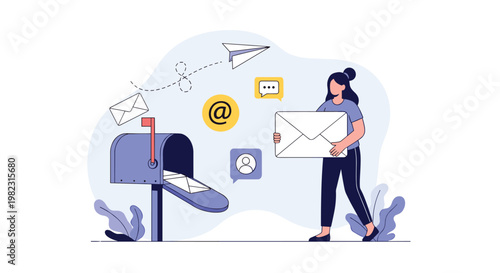 Young woman carrying a large white envelope to send via a blue metal mailbox with paper planes and email icons.