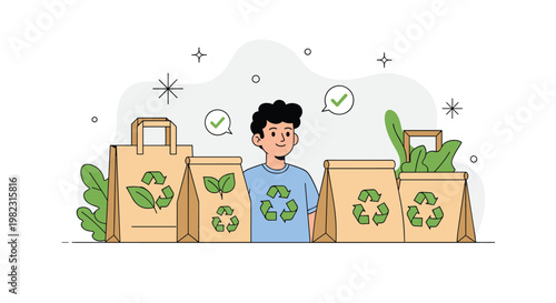 Environmentally friendly man standing with several paper grocery bags featuring recycling symbols and green leaves.