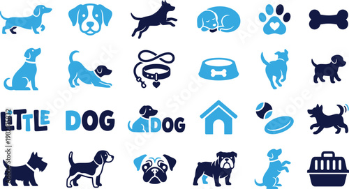 Collection of dog icons and symbols in blue and dark blue colors.