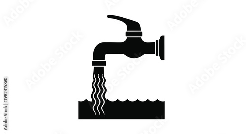 A simple black and white illustration depicts a faucet with water flowing into a basin