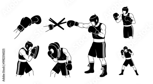 Black and white boxing illustrations set.