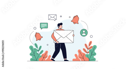 Man carrying a giant white envelope with notification bell icons for email communication and news alerts in a garden.