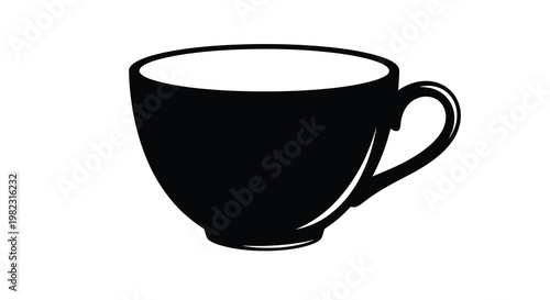 A simple black and white illustration depicts a single empty teacup with a curved handle