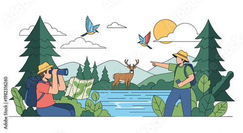 Two men hiking in the forest and observing a deer by the lake using binoculars and a topographic map for navigation.