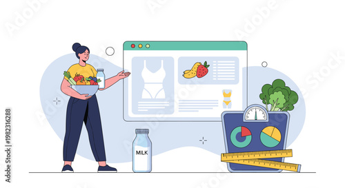 Healthy woman holding a bowl of fresh fruit near a weight loss dashboard screen with scale and measuring tape.