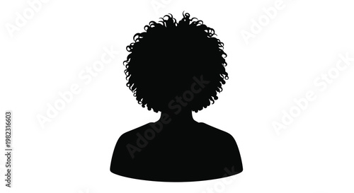 A stark silhouette depicts a person with a full rounded afro hairstyle against a white background