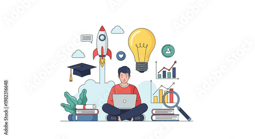 Young man sitting cross-legged with his laptop near a launching rocket and a giant lightbulb of creative ideas.