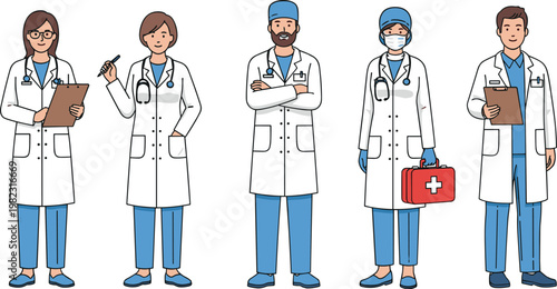 Medical professionals team set, doctors and healthcare workers in uniform, hospital staff characters, medicine and clinic concept vector illustration